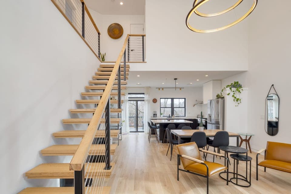 Stunning interior boasts a chic industrial style.