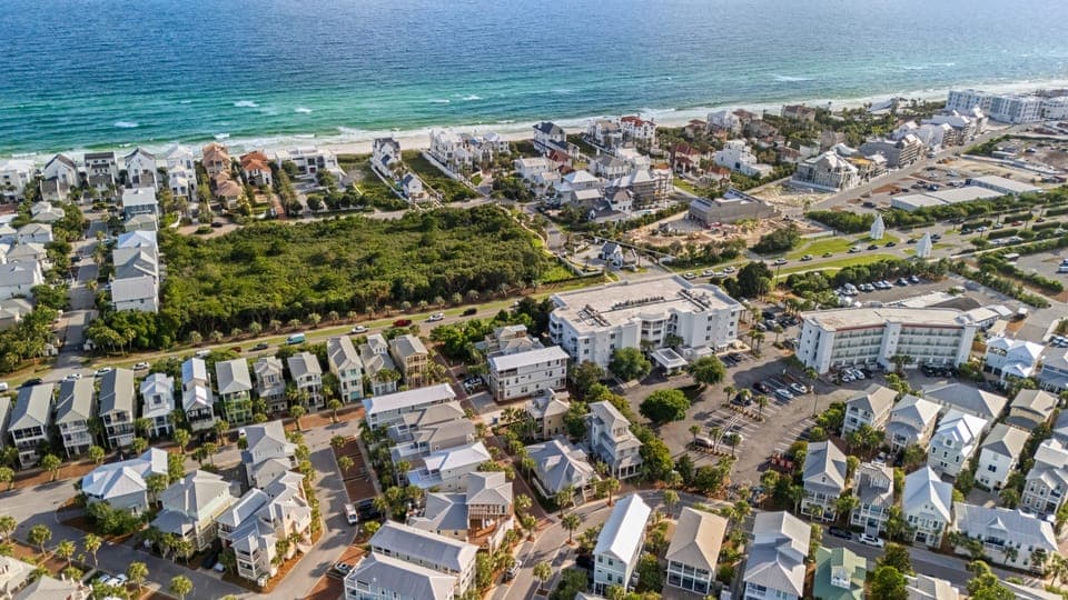 An aerial view showcasing a vibrant coastal community.