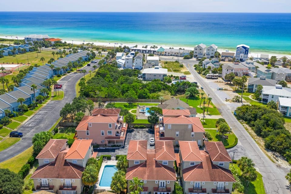 An aerial view of a vibrant beach community.