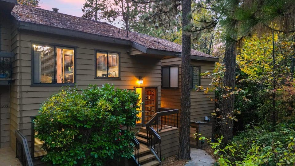 Welcoming exterior with lush greenery and warm cabin charm.