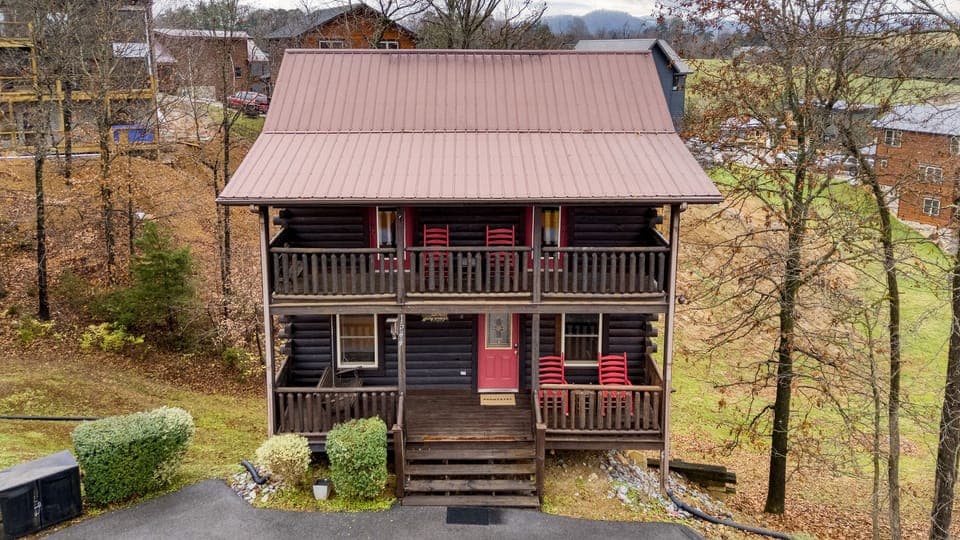 Exterior view of the cabin at sunset.