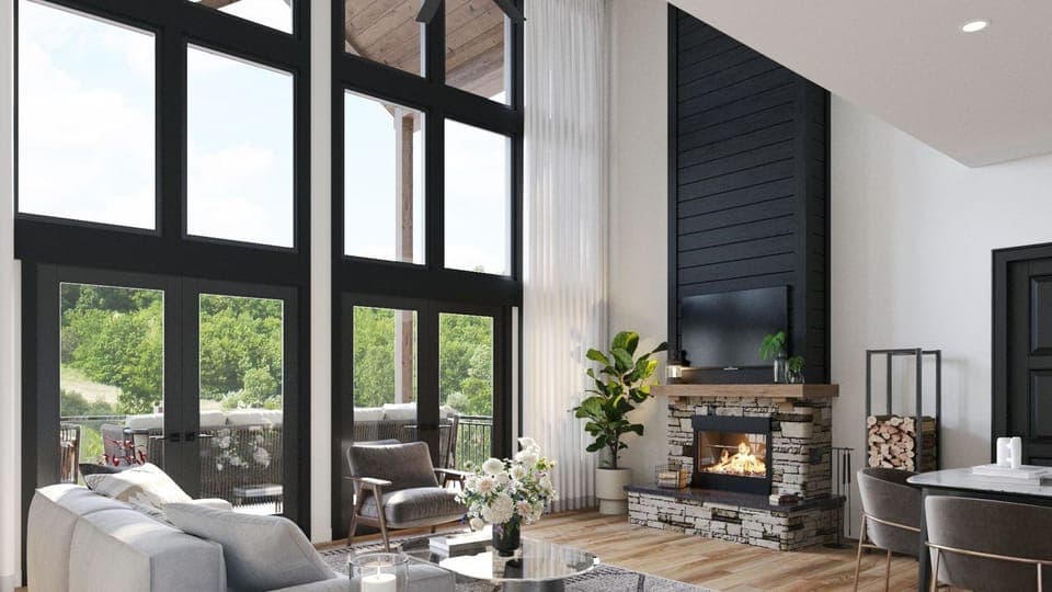 Gather in a sun-filled main-level living room framed by floor-to-ceiling views and a crackling fireplace.