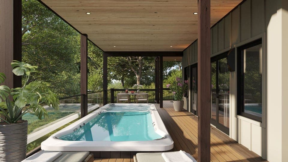 A serene covered deck complete with a private swim spa and tranquil greenery.