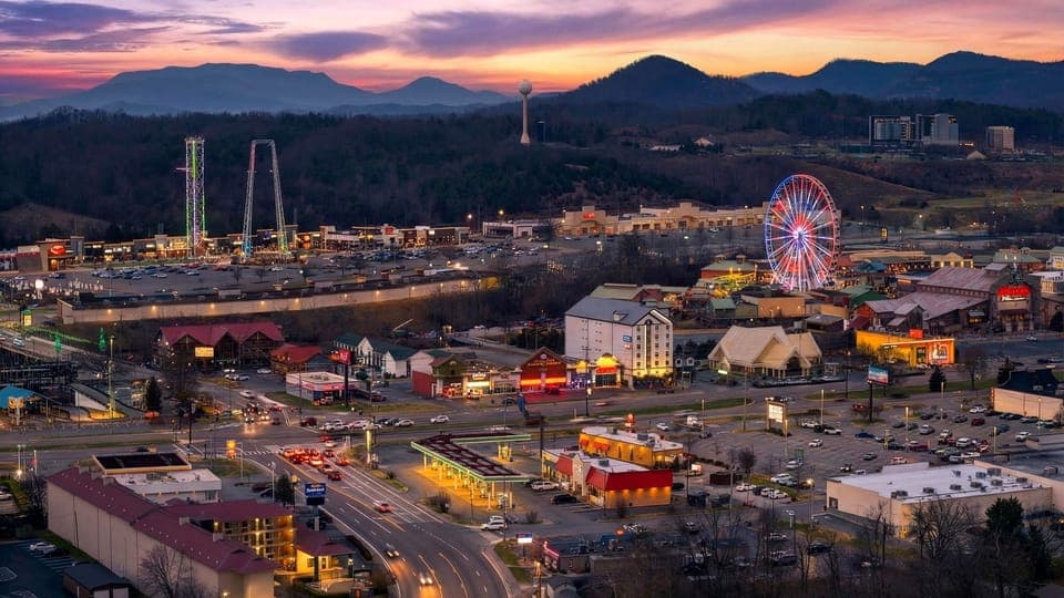 Spectacular twilight view of the city lights and Pigeon Forge Parkway.