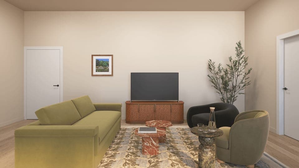 A cozy living room with a green sofa, sleek media console, and neutral tones.
