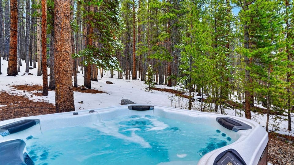 Private hot tub nestled in the trees—soak and unwind with peaceful forest views year-round.