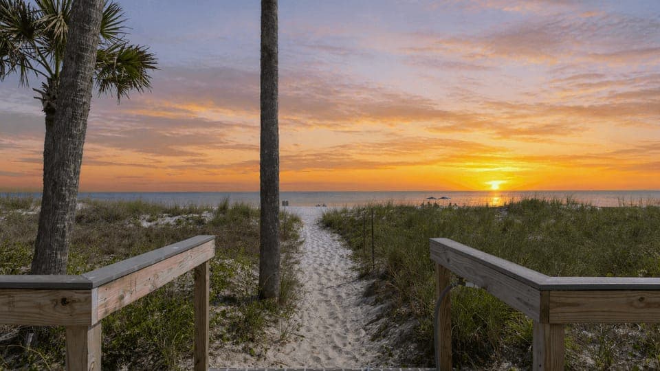 Private boardwalk path leading through the dunes to the shore.