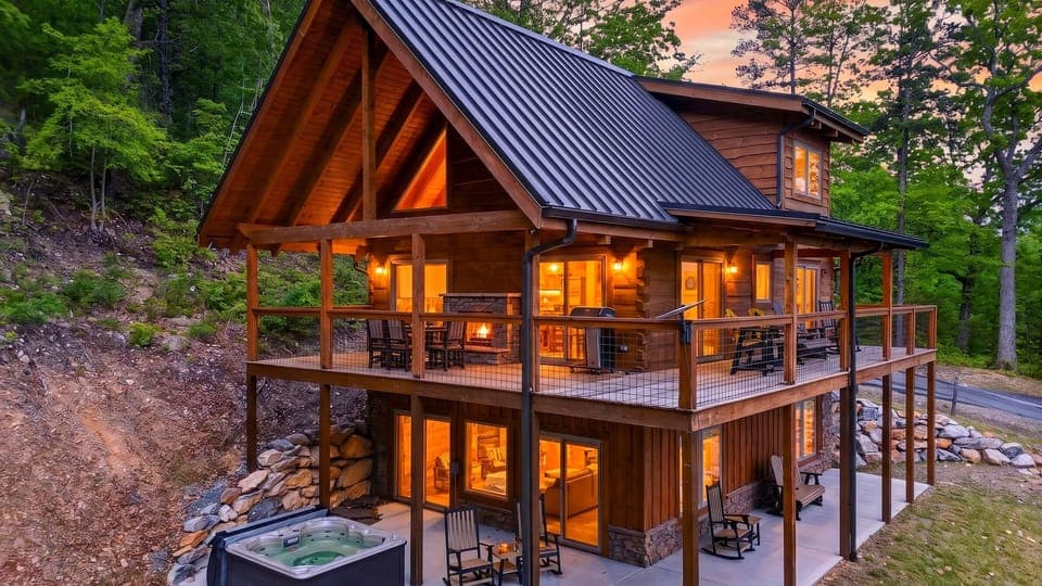 A stunning multi-level log cabin nestled in the heart of the forest.