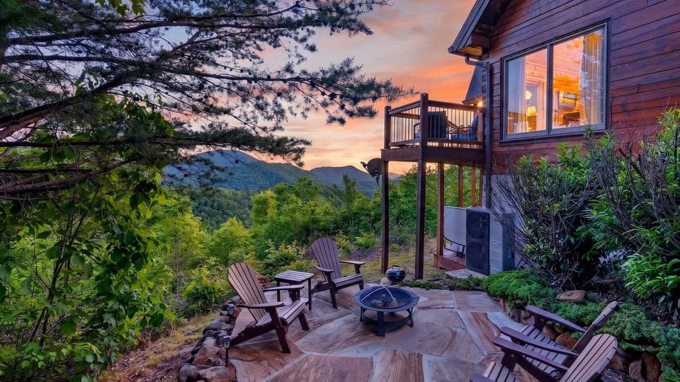 A custom stone-paved fire pit area designed for starlit conversations and s’mores.