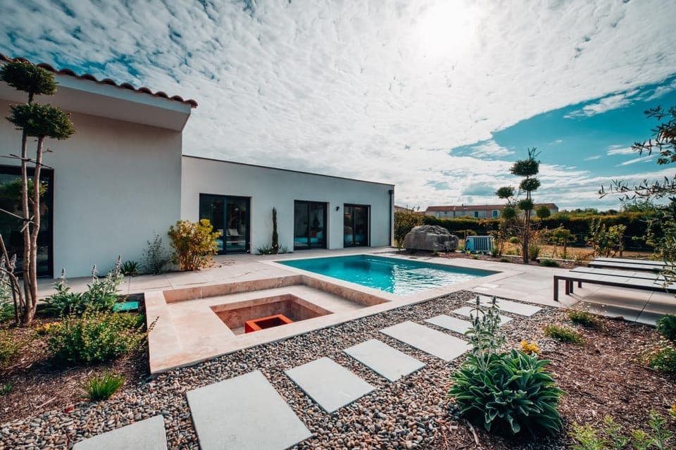 Property building, Patio, Day, Garden, Garden view, Pool view, Swimming pool