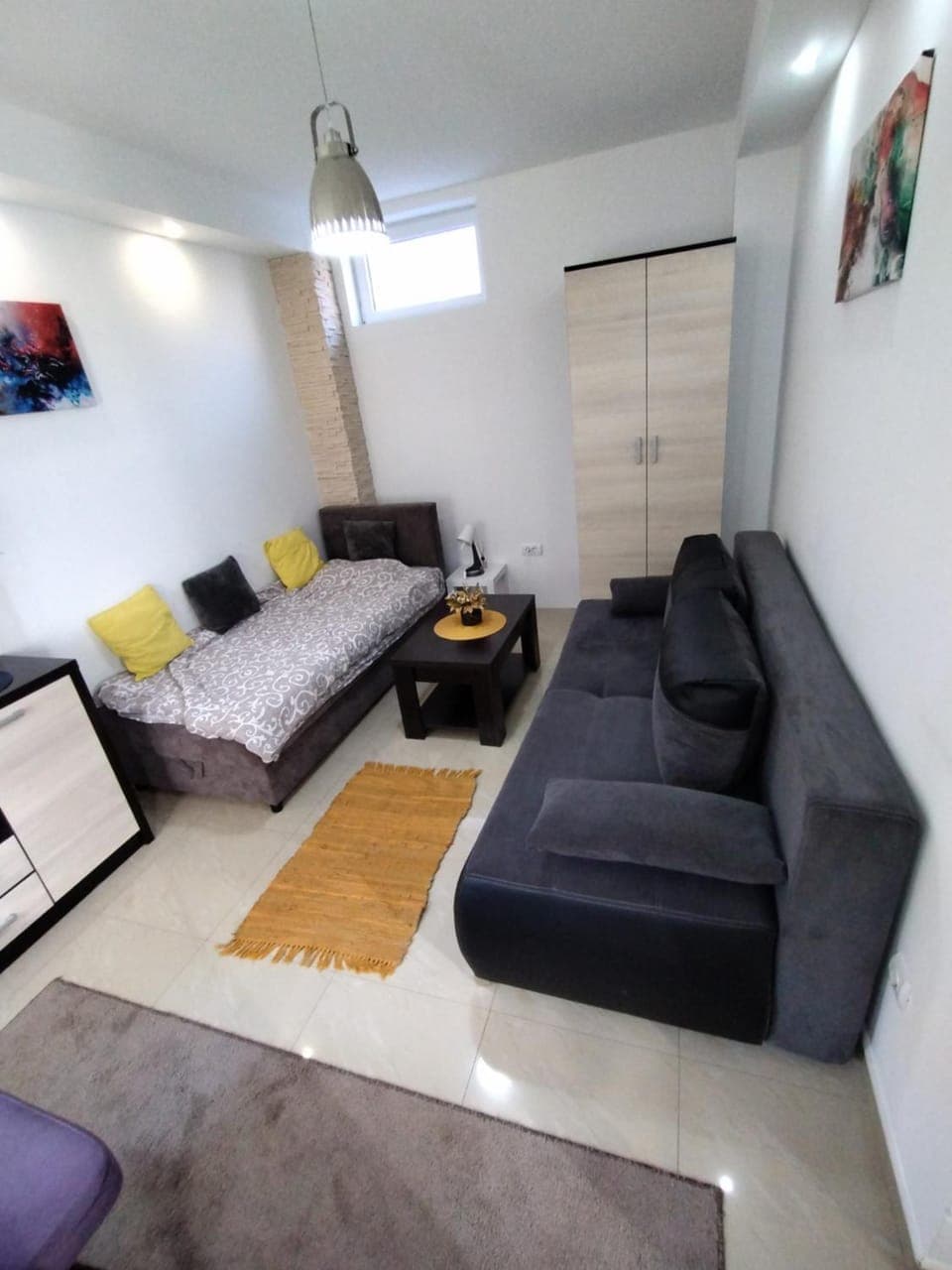 Bed, Living room, Seating area