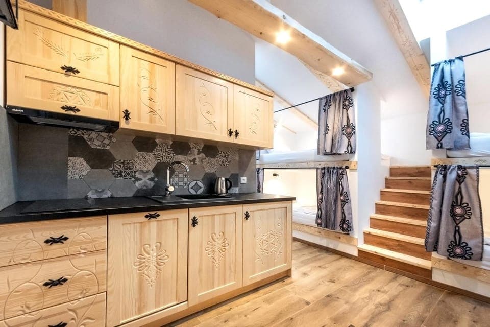 Kitchen or kitchenette, stove