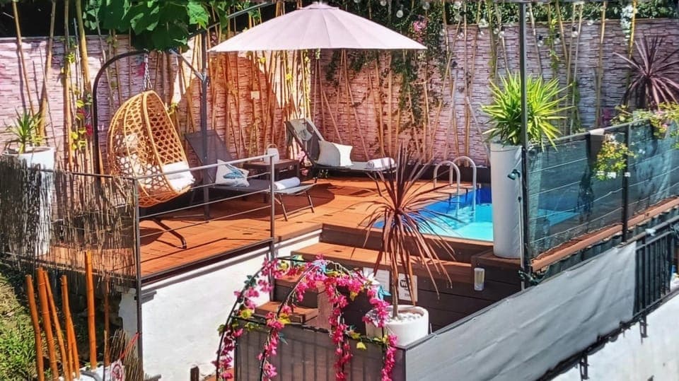 Property building, Living room, Swimming pool