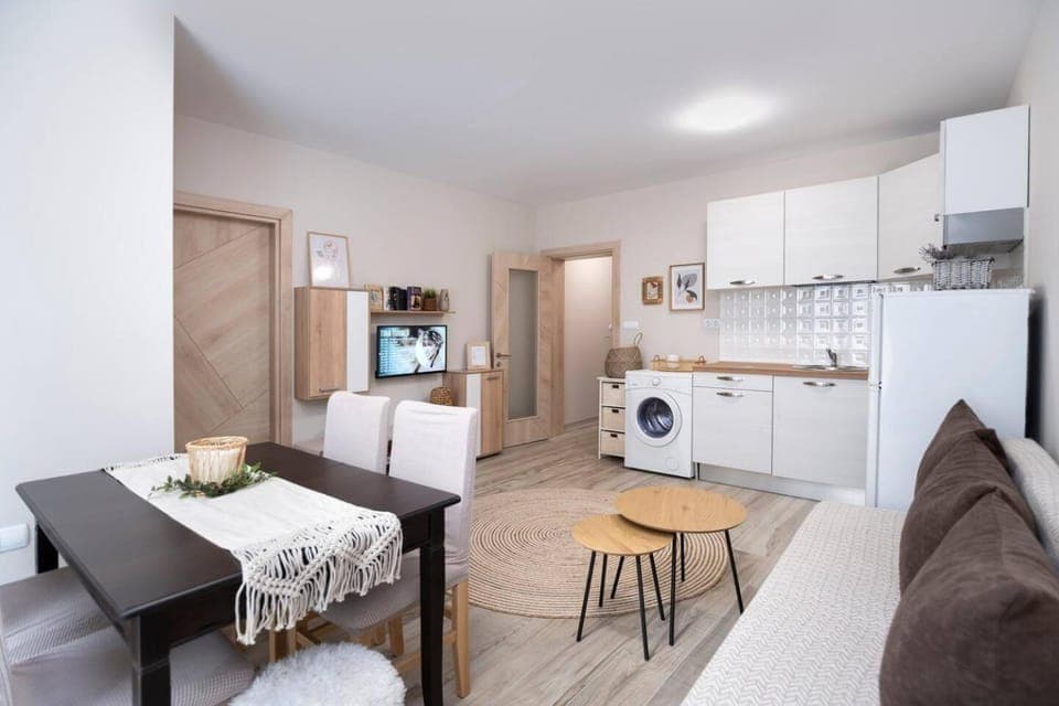 Kitchen or kitchenette, Living room, Dining area, pet friendly, stove, washing machine