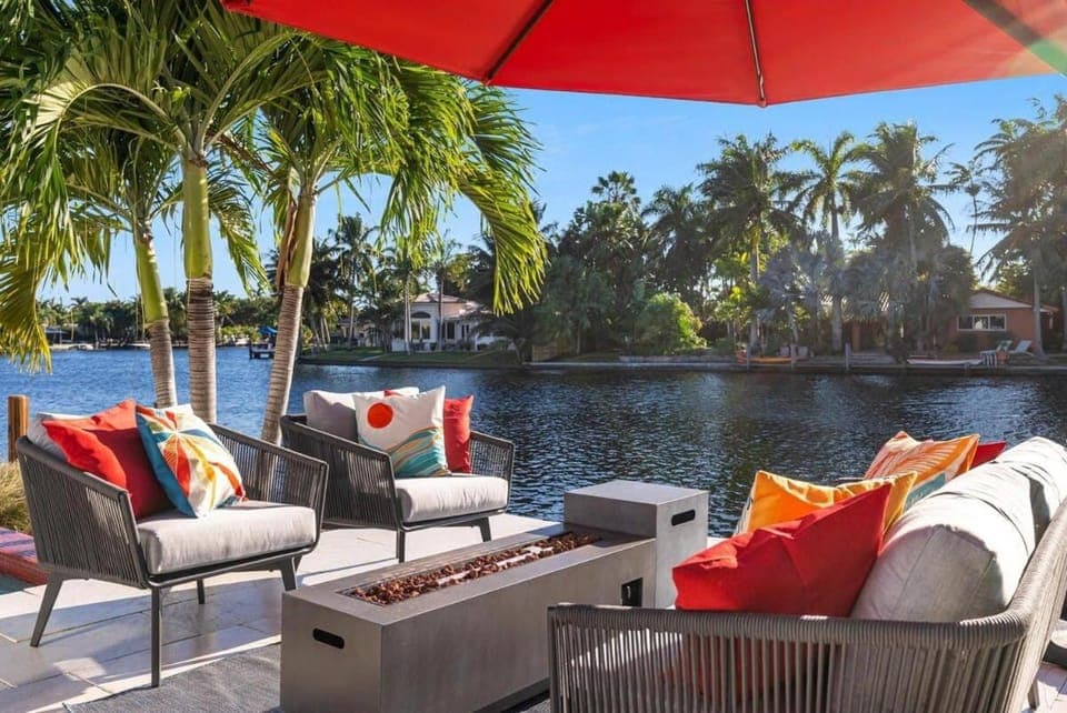Patio, Seating area, River view