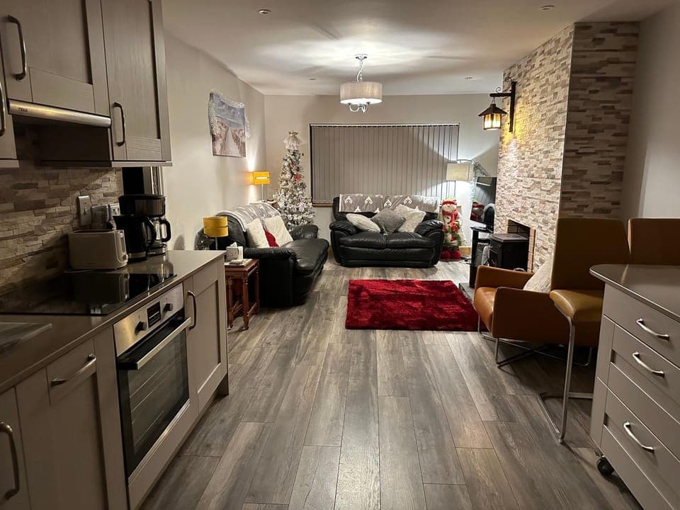 Kitchen or kitchenette, Living room, Seating area, Dining area, dishwasher, oven, stove
