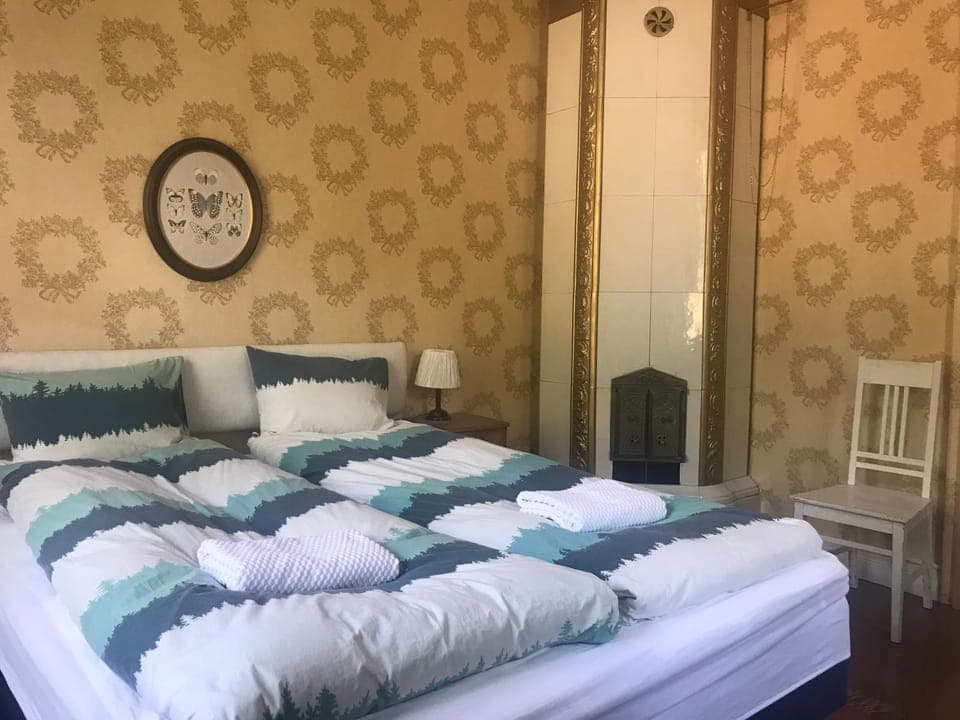 Bed, Bedroom, fireplace, towels