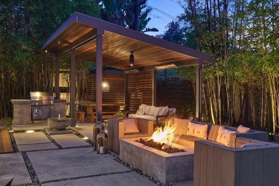 Property building, Patio, Night, Natural landscape, BBQ facilities, Seating area, flat iron