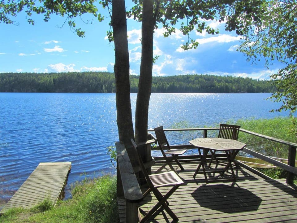 Patio, Natural landscape, Dining area, Lake view