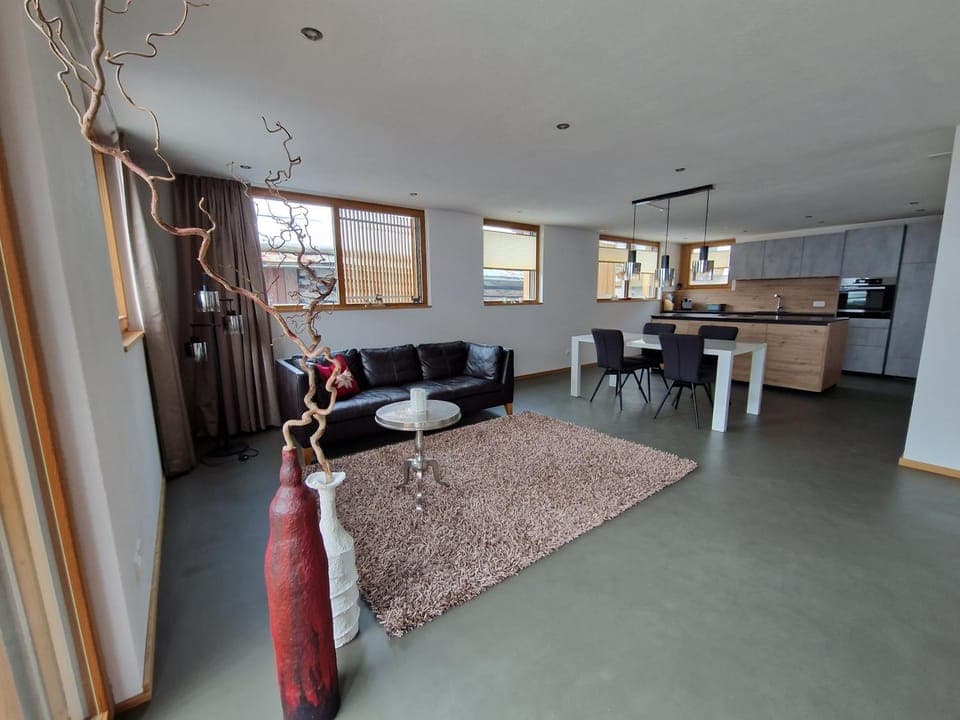 Kitchen or kitchenette, Living room, Seating area, Dining area, stove