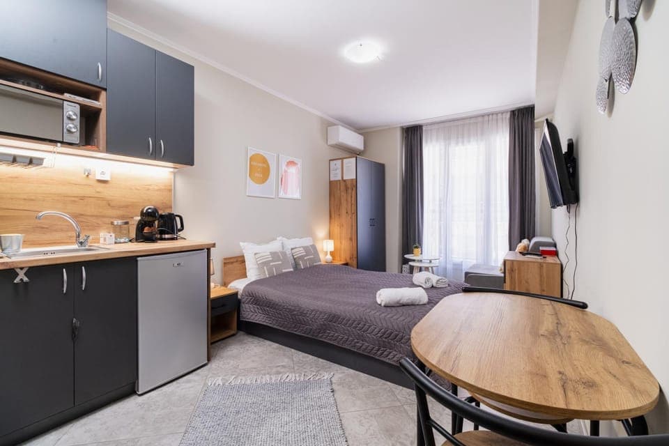 Bed, TV and multimedia, Kitchen or kitchenette, Photo of the whole room, Seating area, Dining area, Bedroom, stove