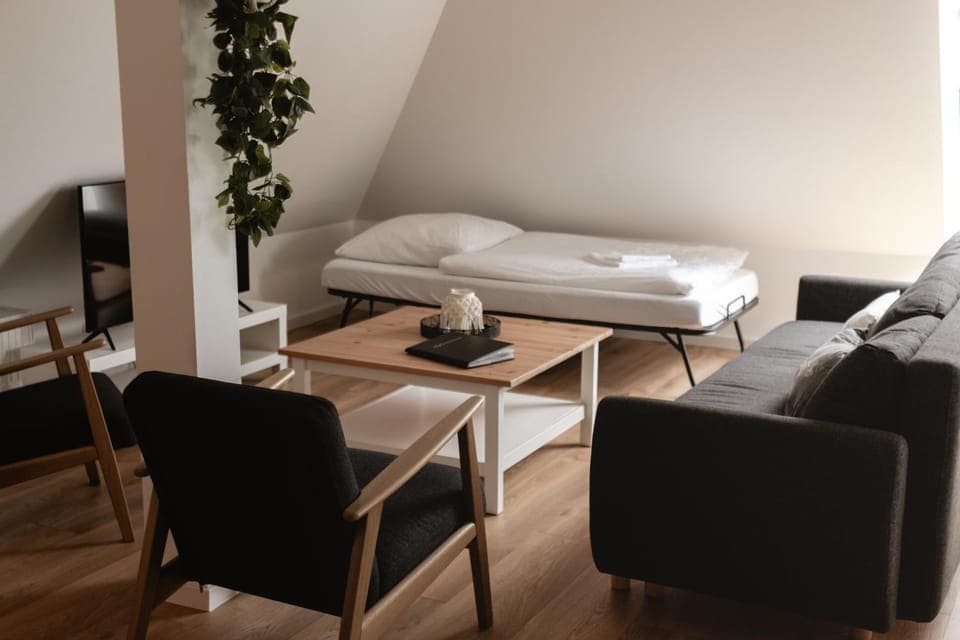 Bed, TV and multimedia, Living room, Seating area