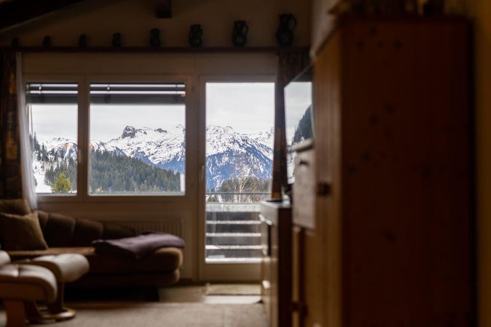 Natural landscape, Winter, Living room, Seating area, Mountain view