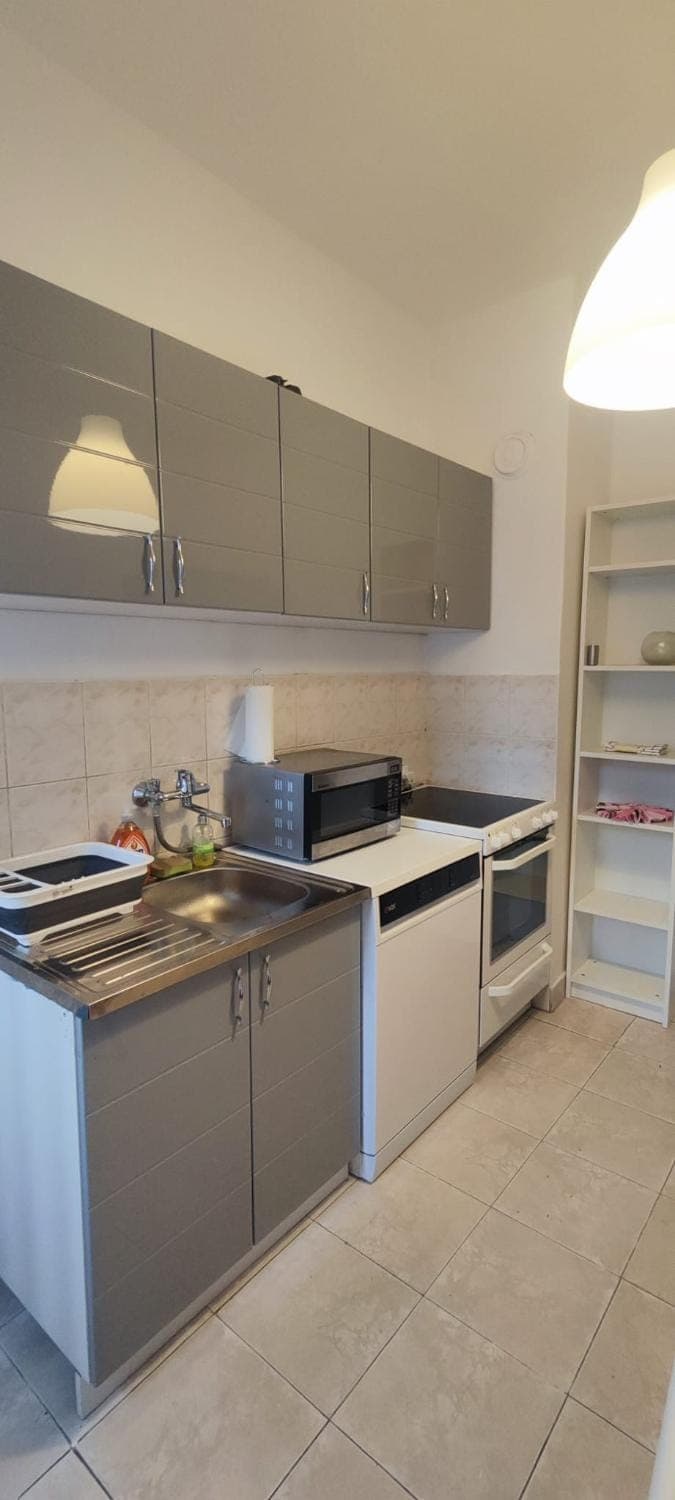 Kitchen or kitchenette, dishwasher, stove