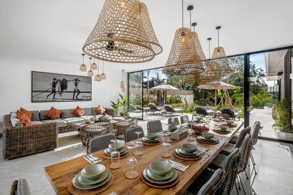 Living room, Seating area, Dining area, Pool view