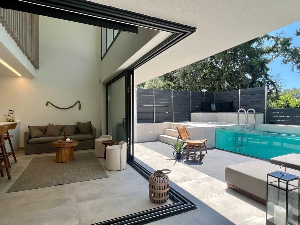 Patio, Living room, Seating area, Pool view, Swimming pool, sunbed