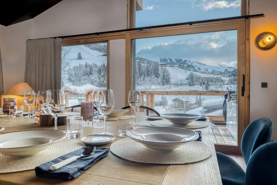 Natural landscape, Winter, Living room, Seating area, Dining area, Mountain view