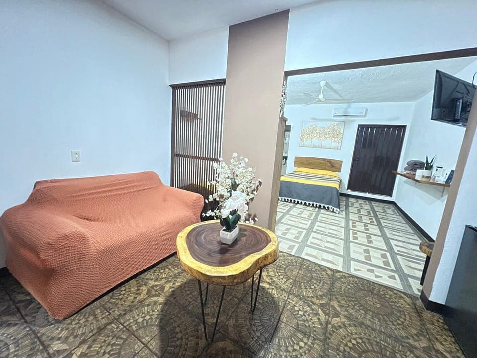 Bed, TV and multimedia, Kitchen or kitchenette, Living room, Photo of the whole room, Seating area, Bedroom