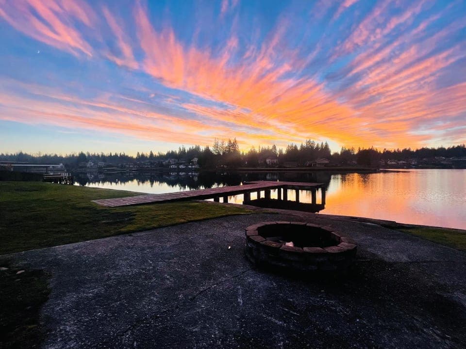 Nearby landmark, Natural landscape, Lake view, Sunset