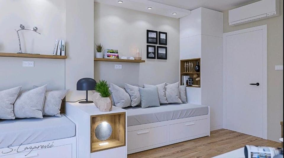 Bed, Living room, Seating area, Bedroom