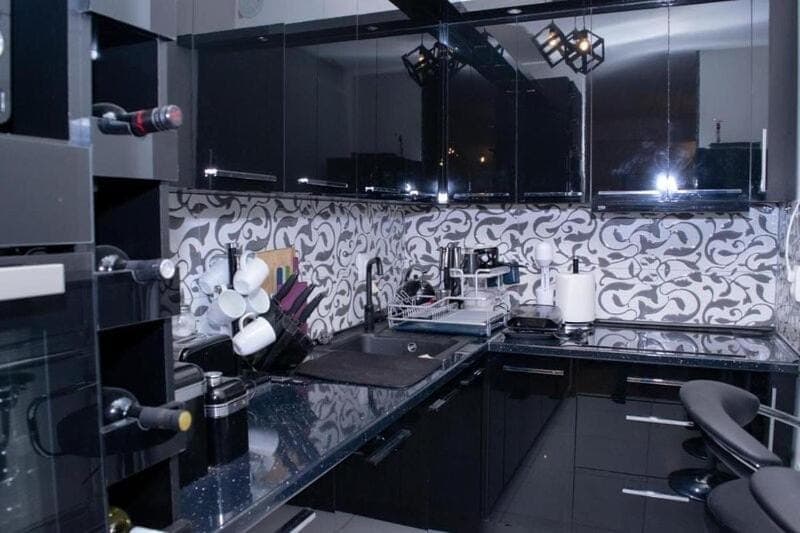 Kitchen or kitchenette, stove