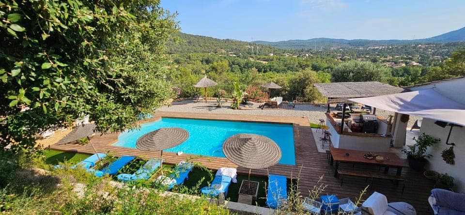 Property building, Natural landscape, Pool view, Swimming pool, sunbed