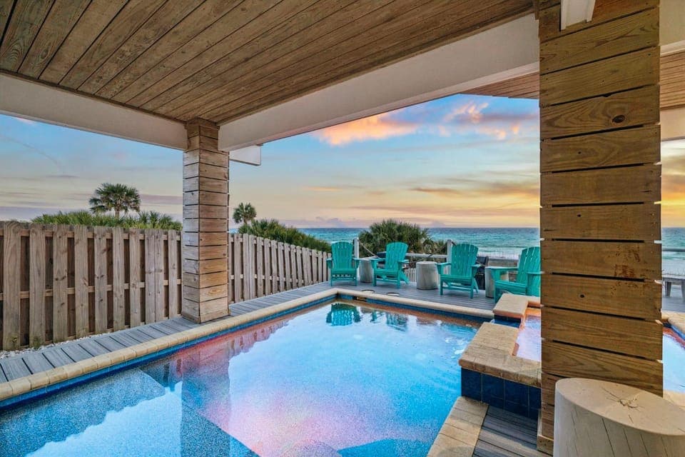 Patio, Seating area, Beach, Sea view, Swimming pool, Sunset