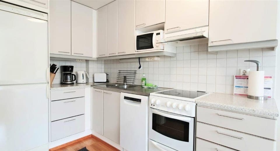Kitchen or kitchenette, dishwasher, stove