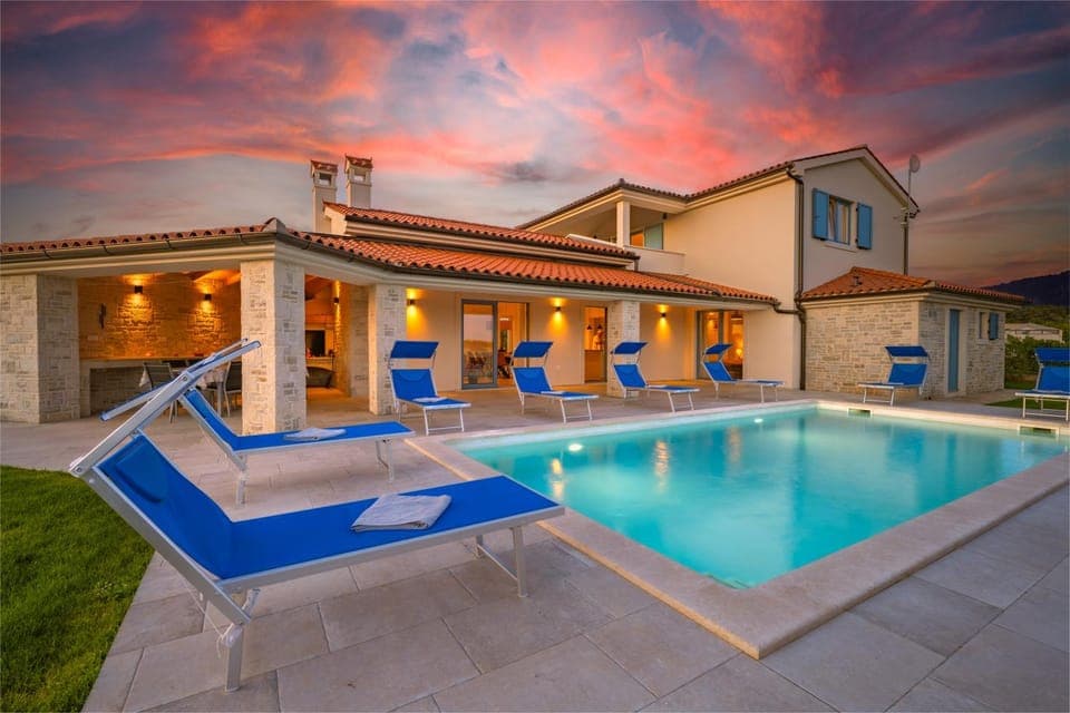 Property building, Night, Swimming pool, Sunset, sunbed