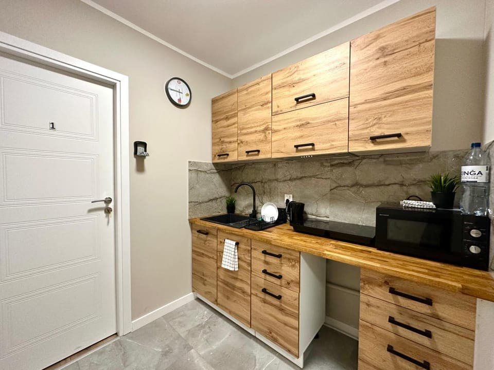 Kitchen or kitchenette, minibar, stove