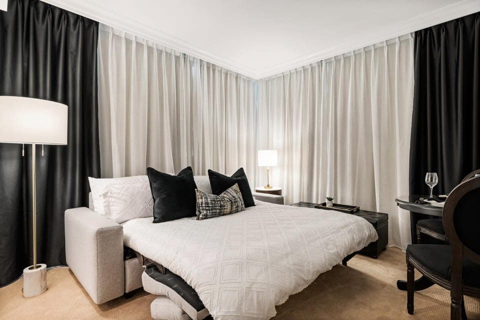 Bed, Living room, Seating area