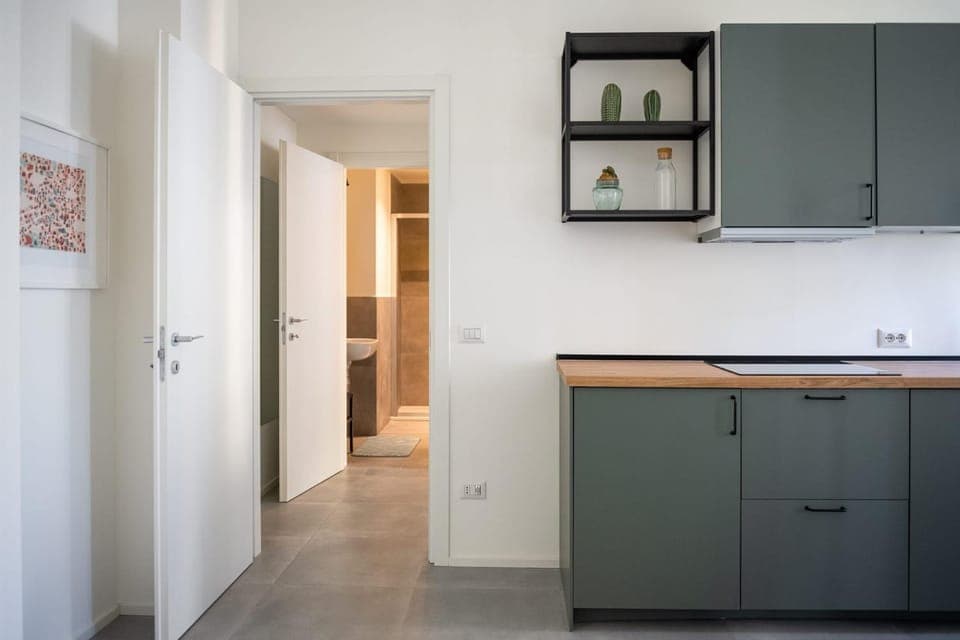 Kitchen or kitchenette, stove