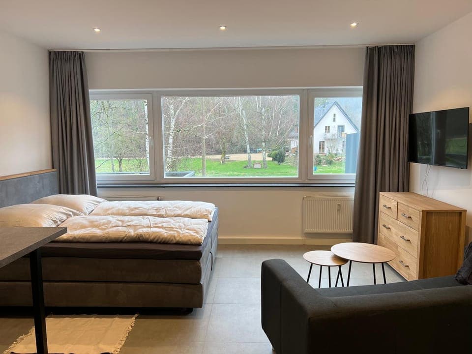 Bed, TV and multimedia, Living room, Photo of the whole room, Seating area, Bedroom