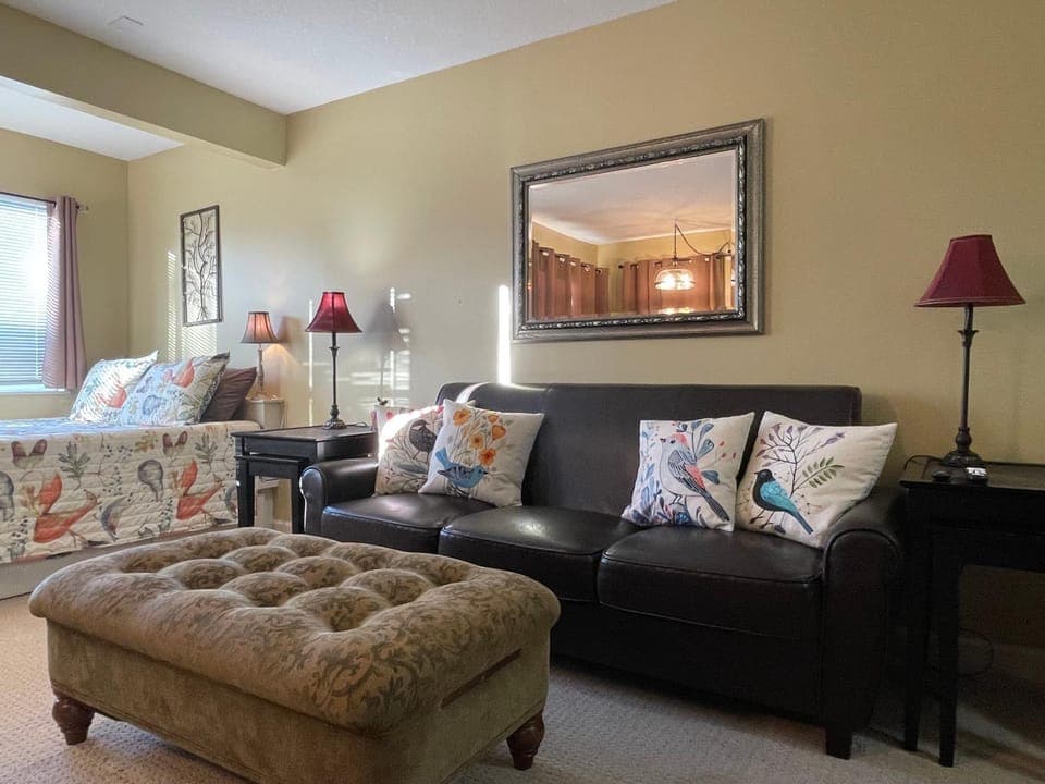 Bed, Living room, Seating area