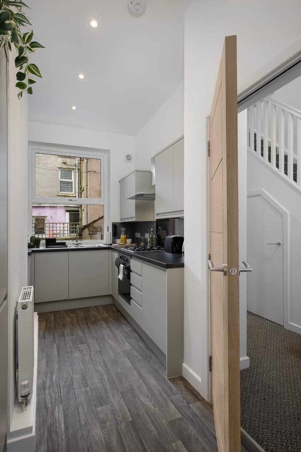 Kitchen or kitchenette, stove