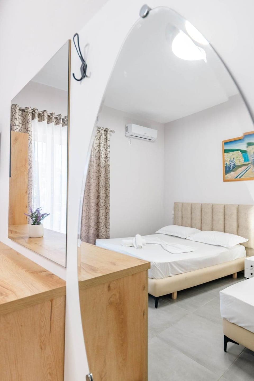 Bed, Photo of the whole room, Bedroom, towels, air conditioner