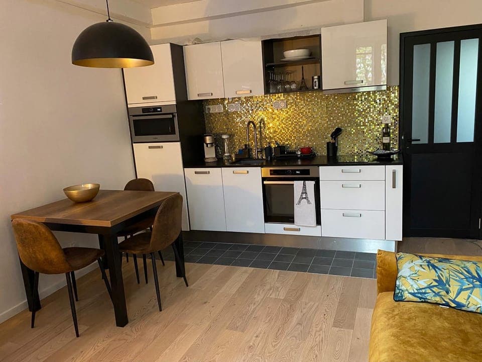 Living room, Dining area, oven, stove, toaster