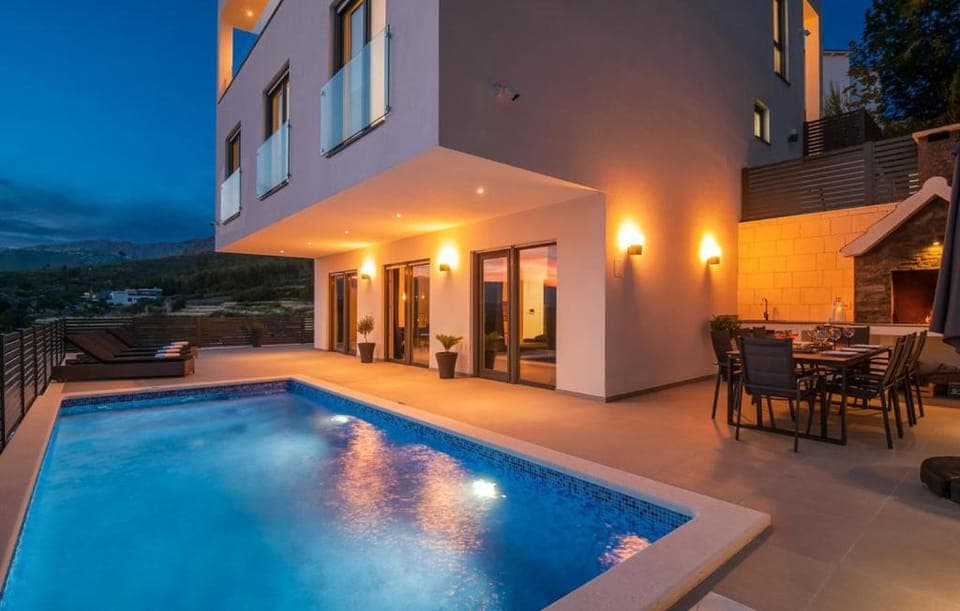 Property building, Night, View (from property/room), Balcony/Terrace, Pool view, Swimming pool