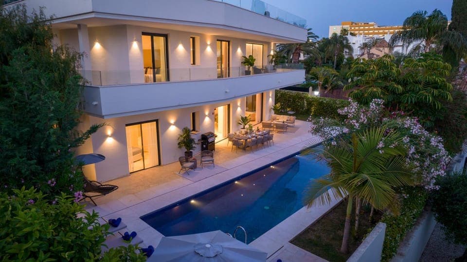 Property building, Night, Swimming pool