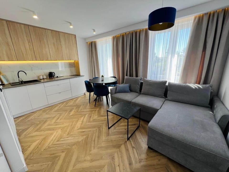 Kitchen or kitchenette, Living room, Seating area, Dining area